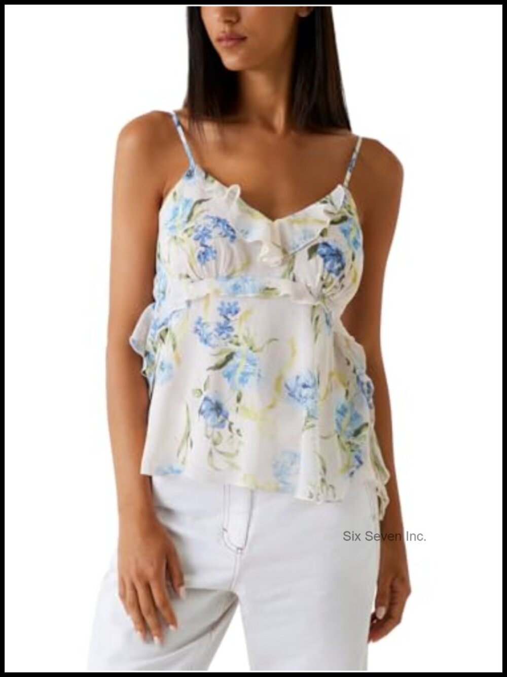 Recycled Chiffon Ruffled Peplum Tank V-Neck Sleeveless Floral Hotfix Top